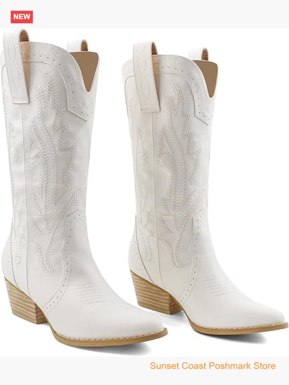 Women Mid-Calf Cowboy Boots Pointed Toe Embroidered Chunky Heels